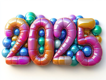 Happy new year 2014 colorful balloons on white background. 3D illustrationの素材