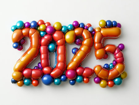Happy new year 2015 made from multicolored balloons on white backgroundの素材
