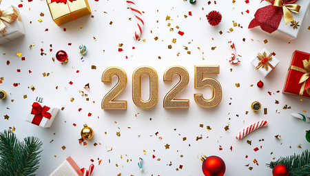 Happy New Year 2023. Festive background with golden numbers, gift boxes and confetti on white background. Flat lay, top view.の素材