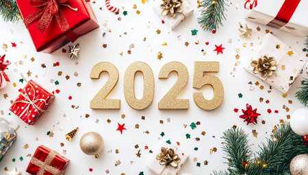 Happy New Year and Merry Christmas greeting card. Top view flat lay composition with numbers 2022 and christmas decorations on white backgroundの素材