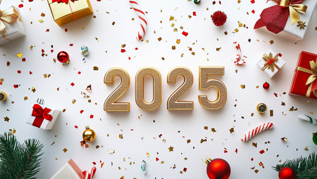 Happy New Year 2023 celebration greeting card with gold number on white background. Top viewの素材