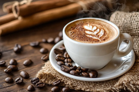 Coffee cup with cinnamon and coffee beans on wooden background.の写真素材
