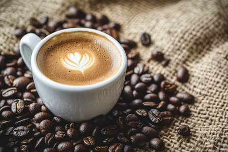 Coffee cup with latte art on the coffee beans backgroundの写真素材