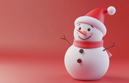 Snowman on red background with copy space. Christmas and New Year background.の写真素材