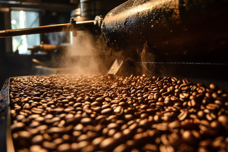 roasted coffee beans in a roasting machine, close-upの写真素材