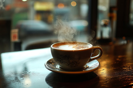 Coffee cup on the table in coffee shop, stock photoの写真素材