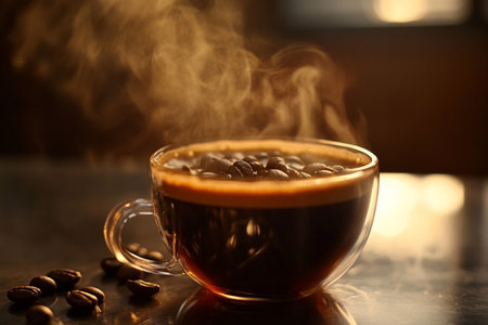 Cup of coffee with smoke on table in cafe, closeupの写真素材
