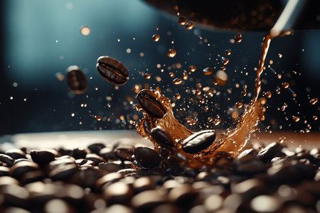 Coffee beans being poured into a coffee pot on a dark backgroundの写真素材