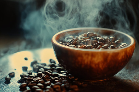 Coffee beans in a wooden bowl with smoke on the backgroundの写真素材