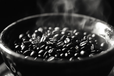 Coffee beans in a black bowl with smoke on black backgroundの写真素材