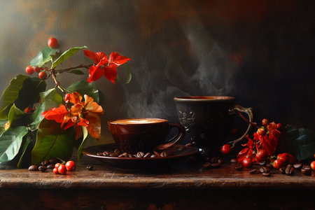 Coffee cup and coffee beans on old wooden table with red berriesの写真素材