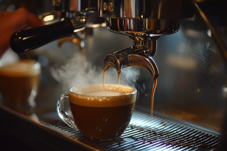 coffee machine making cappuccino in a cup close upの写真素材