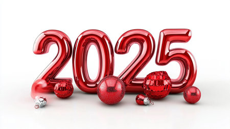 New Year 2015 with red christmas baubles on white backgroundの素材