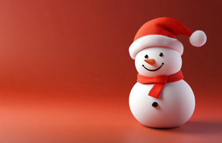 snowman with red scarf and santa hat on red backgroundの素材