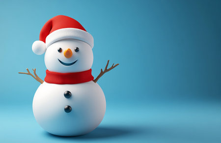 3d rendering of a snowman wearing a santa hat on blue backgroundの素材