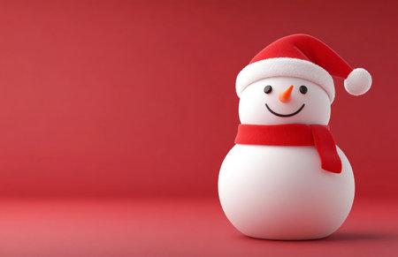Snowman with Santa Claus hat on red background. Christmas concept.の素材