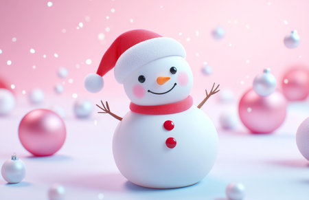 Snowman with christmas balls on pink background. 3d rendering.の素材