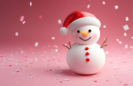Snowman with santa hat on pink background with falling confettiの素材
