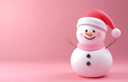 Snowman with red hat and scarf on pink background with copy spaceの素材