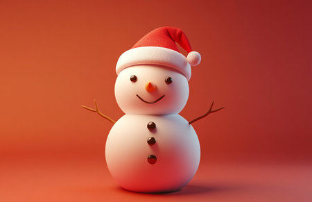 snowman with santa claus hat on a red backgroundの素材