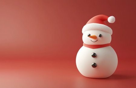 Snowman with santa hat on red background. 3d illustrationの素材