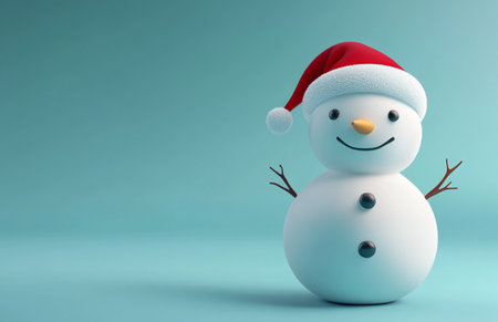 3d rendering of snowman with santa hat on blue backgroundの素材