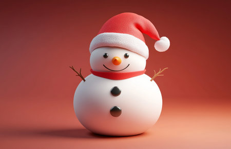 snowman with red santa claus hat on red backgroundの素材