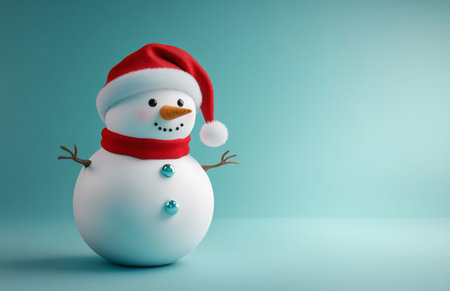 Snowman with red hat and scarf on blue background. 3d renderingの素材