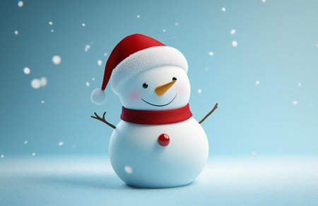 Snowman with Santa hat on blue background. 3d illustration.の素材
