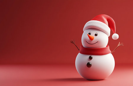 Christmas snowman on red background with copy space. 3d illustrationの素材