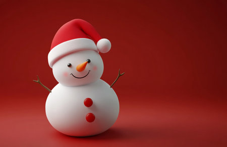 3d rendering of a snowman with santa hat on red backgroundの素材