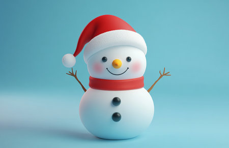 Snowman with Santa hat on blue background. 3d illustration.の素材