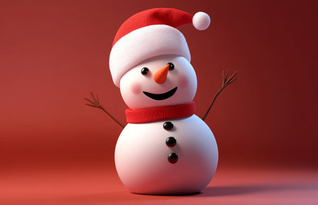 snowman with red santa hat on red background, 3d illustrationの素材