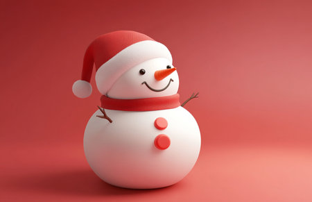 Snowman with Santa Claus hat on red background. 3d illustrationの素材