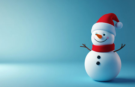 3d rendering of snowman with santa hat on blue backgroundの素材