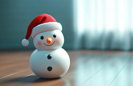 Snowman with Santa Claus hat on the wooden floor in the roomの素材
