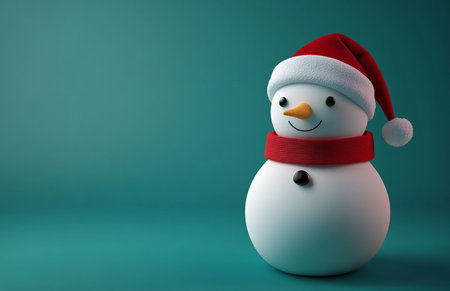 Snowman with Santa Claus hat on a green background. 3d renderingの素材