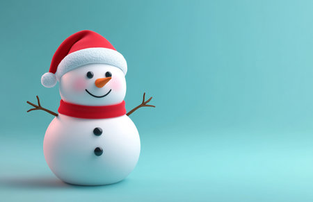 3d rendering of snowman with santa hat on blue backgroundの素材
