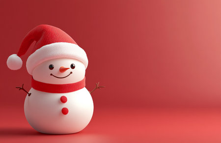 3d render of snowman with santa hat on red backgroundの素材