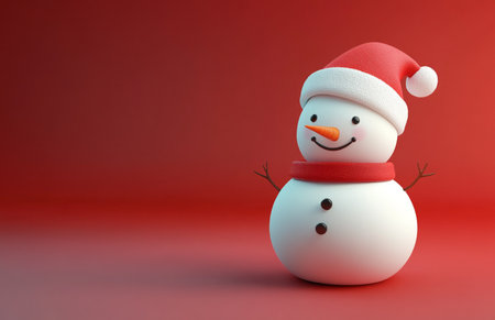 3d render of snowman with santa hat on red backgroundの素材
