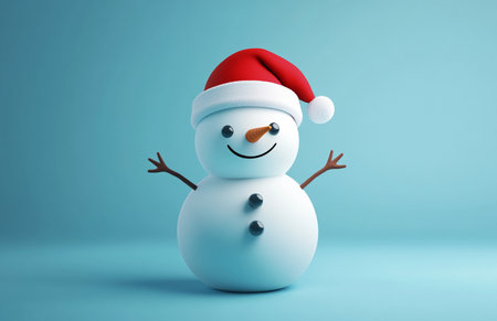 3d rendering of snowman with santa hat on blue backgroundの素材