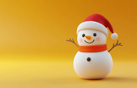 Snowman with red hat on yellow background, Christmas and New Year conceptの素材