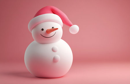 Snowman with Santa Claus hat on pink background, 3d renderの素材