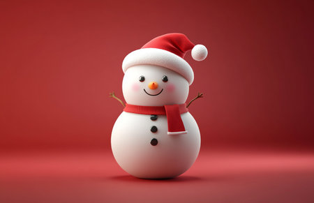3d rendering of a snowman with santa hat on red backgroundの素材