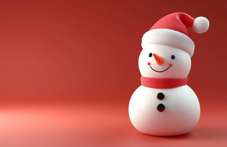Christmas snowman on red background. 3d render. Christmas card.の素材