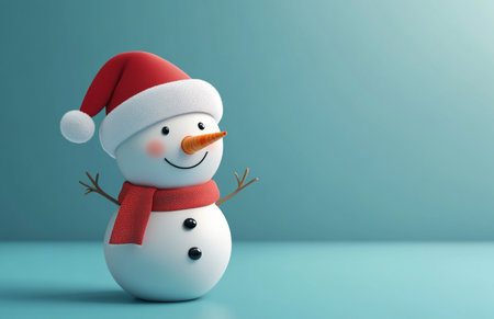 3d rendering of a snowman with christmas hat on blue backgroundの素材