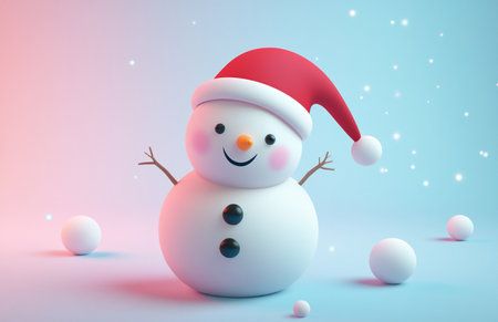Snowman with Christmas hat and snowballs on blue background. 3d renderingの素材
