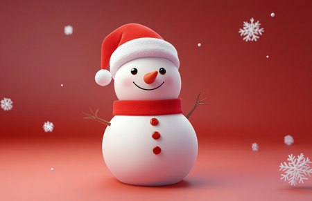 3d render of snowman with santa hat on red backgroundの素材