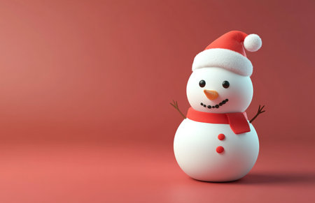snowman with red scarf and santa hat on red backgroundの素材