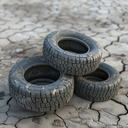 Old car tires on cracked ground background. 3d render illustration.の素材